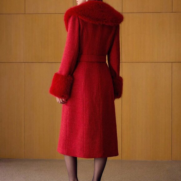 Red Elegant Women's Collar Tied Waist Long Coat - Picture 2 of 7